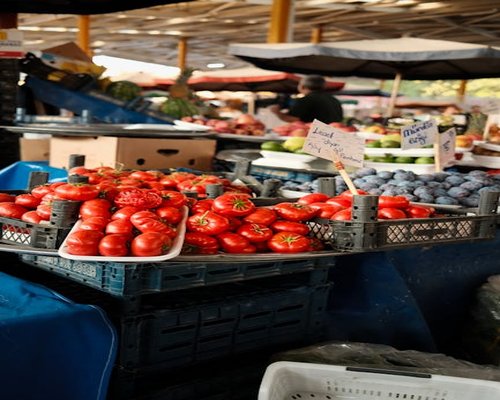 Fresh paprika and tomatoes displayed at a market in Hungary